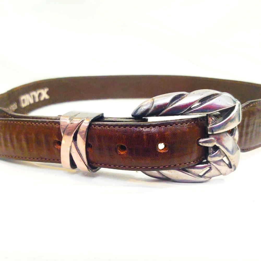 Vintage Onyx Brown Leather Belt with Western Silver Buckle, Loop & Tip- Size 30